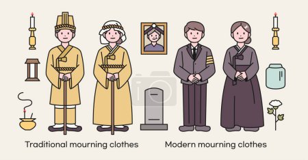 Téléchargez les illustrations : Un personnage endeuillé tenant un enterrement. Tissu traditionnel coréen en chanvre et vêtements modernes. Il est composé d'un objet funéraire. - en licence libre de droit