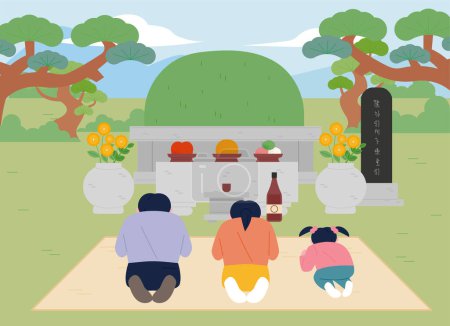 Illustration for On Happy New Year, family members bow at the tombs of their ancestors. - Royalty Free Image