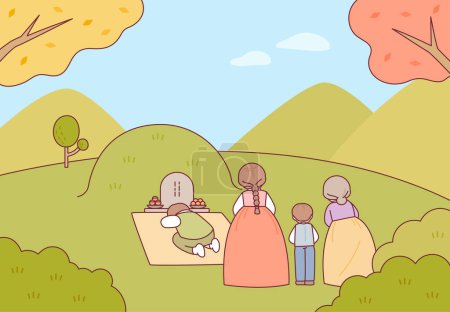 Ilustración de Familias visitan y se inclinan ante las tumbas de sus antepasados. - Imagen libre de derechos