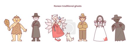 Illustration for A collection of Korean ghost characters. Goblin, reaper, gumiho, virgin ghost - Royalty Free Image