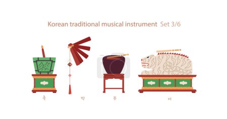 Una colección de instrumentos musicales tradicionales coreanos.