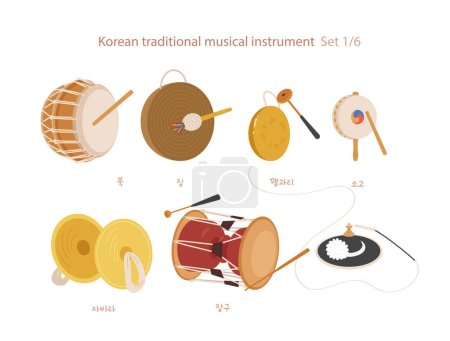 Una colección de instrumentos musicales tradicionales coreanos.