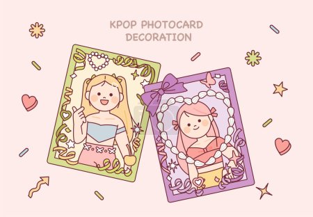 Ilustración de Una linda tarjeta de fotos de ídolos. Un lindo marco de fotos decoradas con cintas y pegatinas. - Imagen libre de derechos