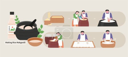 Illustration for People who make makgeolli, a traditional Korean drink. The process of making makgeori in a traditional brewery. - Royalty Free Image