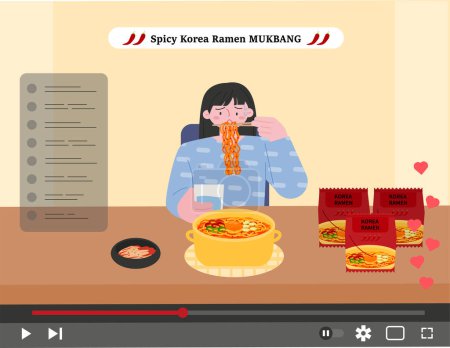 Ilustración de An influencer is doing a spicy ramen mukbang. Broadcast streaming screen concept. flat vector illustration. - Imagen libre de derechos