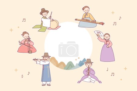 Illustration for Korean traditional music performance. Musicians are playing traditional instruments. - Royalty Free Image