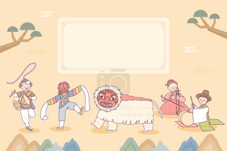 Illustration for Characters showing traditional Korean culture. There is a blank space in the background decorated with traditional objects. yellow color - Royalty Free Image