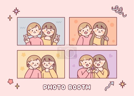 Illustration for Two girls are taking pictures in various poses. Photo booth. - Royalty Free Image
