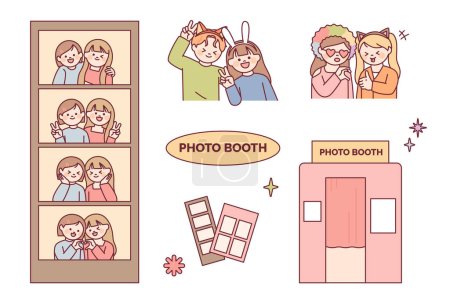 Illustration for Take pictures at the photo booth. Friends and couples wearing funny headbands and doing cute poses. - Royalty Free Image