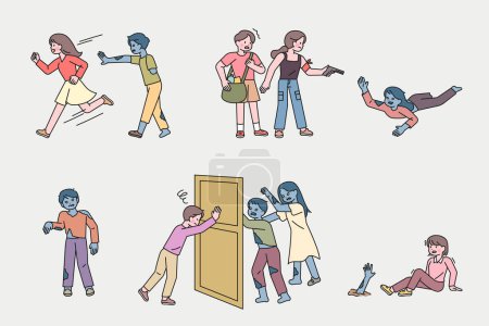 Illustration for People fighting the chasing zombies. Zombie apocalypse world. - Royalty Free Image