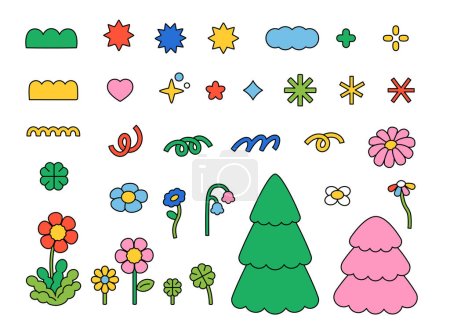 Téléchargez les illustrations : Cute decoration elements. Trees, flowers and shapes. outline simple vector illustration. - en licence libre de droit