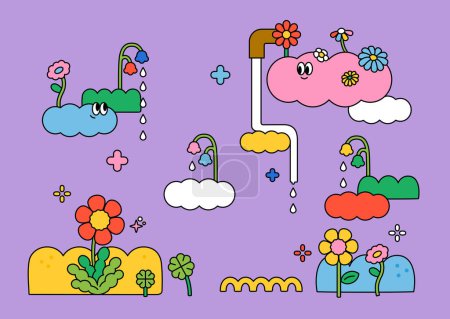 Abstract cartoon illustration with cute clouds and flowers raining. outline simple vector illustration.