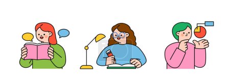Illustration for Illustration about education.  Students are reading, writing, analyzing, and studying. - Royalty Free Image