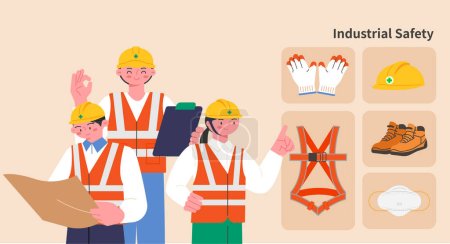 Téléchargez les illustrations : A collection of construction workers and safety equipment. - en licence libre de droit