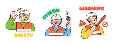 Téléchargez les illustrations : Cute human character explaining construction site safety rules. Safety, checklist, danger warning. - en licence libre de droit