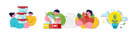 Illustration for Activities for environmental protection. People using reusable food containers instead of disposable packaging, recycling and eco-friendly shopping. - Royalty Free Image