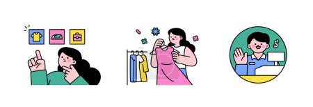 Les gens font du shopping. Commerce électronique en ligne. Une fille qui choisit un objet avec ses doigts. Fille qui choisit des vêtements dans un magasin de vêtements. Caissier.