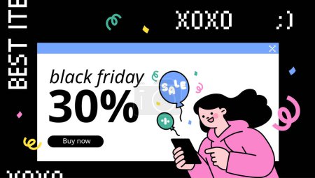 Ilustración de Plantilla de concepto de página web del evento Black Friday. Una chica está comprando mercancía para la venta en su móvil. - Imagen libre de derechos