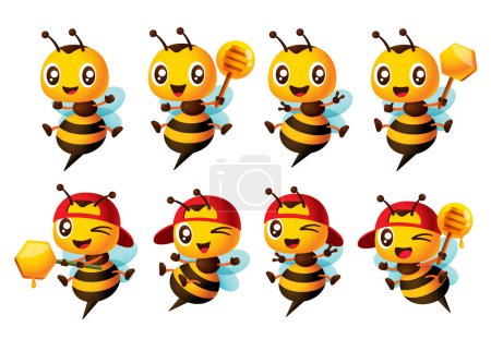 Ilustración de Dibujos animados lindo personaje de la abeja feliz conjunto con diferentes poses. Abeja linda sosteniendo gotero de miel y palo de panal y mostrando signo de mano victoria. Vector último conjunto de mascotas - Imagen libre de derechos
