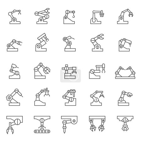 Illustration for Industrial robot, icon set. Mechanical hydraulic robotic arm for manufacturing, linear icons. Line - Royalty Free Image