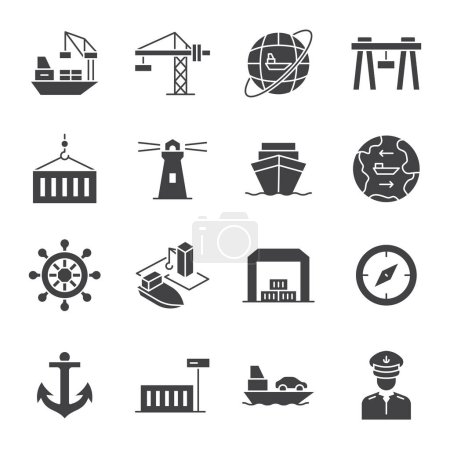Illustration for Seaport, icon set. Equipment for the shipping industry. Marine port and freight vessels. Logistic. Glyph style - Royalty Free Image