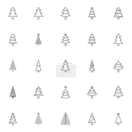 Foto de Árbol de Navidad iconos contorno conjunto. colección de símbolos de estilo lineal, paquete de signos de línea. gráficos vectoriales. El conjunto incluye iconos como la decoración del árbol de Navidad con estrella, bosque de coníferas, abeto árbol de invierno, abeto - Imagen libre de derechos