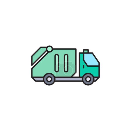 Foto de Camión de basura delgado llenado icono de color, transporte y auto, señal de camión de residuos, gráficos vectoriales, un patrón lineal sobre un fondo blanco. - Imagen libre de derechos