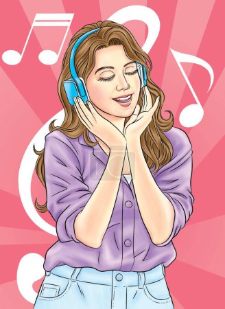 Téléchargez les photos : Jeune femme appréciant la musique dans son casque montrent un visage heureux.illustration - en image libre de droit
