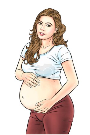 Téléchargez les photos : Les nouvelles mères, gros ventre, sentent le sentiment du bébé dans l'utérus doucement. illustration - en image libre de droit