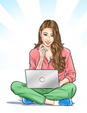 Téléchargez les photos : Belle femme utilisant un ordinateur portable ressemble à il pense à quelque chose à décider. illustration - en image libre de droit