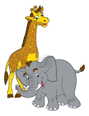 Foto de Escena de dibujos animados con jirafa y elefantes amigos felices jugando divertido dibujo dibujo ilustración aislada para niños - Imagen libre de derechos
