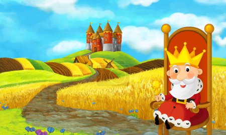 Photo for Cartoon scene with beautiful rural brick house near the kingdom castle in the farm field near meadow with jester or knight illustration for kids - Royalty Free Image