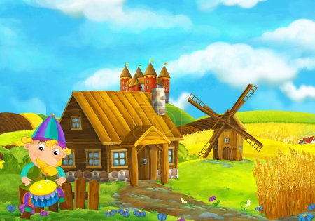 Foto de Escena de dibujos animados con hermosa casa de ladrillo rural cerca del castillo del reino en el campo de la granja cerca del prado con bufón o ilustración de caballero para niños - Imagen libre de derechos