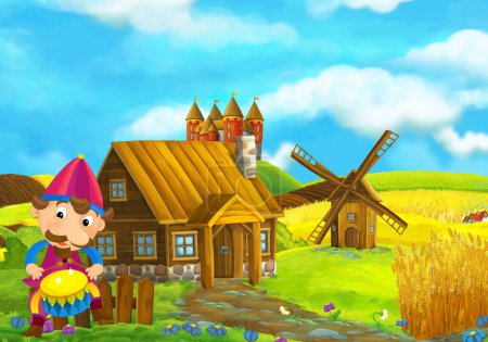 Photo for Cartoon scene with beautiful rural brick house near the kingdom castle in the farm field near meadow with jester or knight illustration for kids - Royalty Free Image