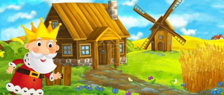 Foto de Dibujos animados granja escena de pueblo tradicional con molino de viento en el fondo con bufón o caballero ilustración para niños - Imagen libre de derechos