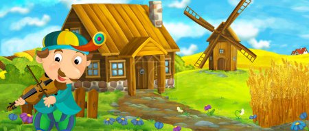 Téléchargez les photos : Cartoon scène de ferme de village traditionnel avec moulin à vent en arrière-plan avec bouffon ou chevalier illustration pour les enfants - en image libre de droit