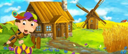 Téléchargez les photos : Cartoon scène de ferme de village traditionnel avec moulin à vent en arrière-plan avec bouffon ou chevalier illustration pour les enfants - en image libre de droit