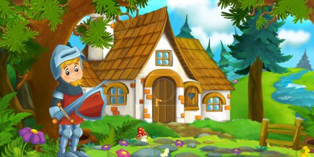 Téléchargez les photos : Scène de dessin animé avec belle maison rurale en brique dans la forêt sur la prairie chevalier prince illustration pour les enfants - en image libre de droit