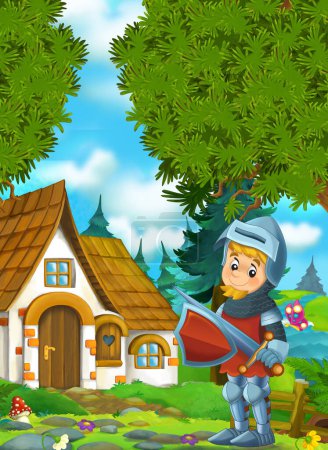 Photo for Cartoon scene with beautiful rural brick house in the forest on the meadow knight prince illustration for kids - Royalty Free Image