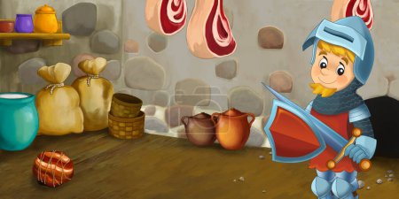 Foto de Escena de dibujos animados con casa de madera cocina interior despensa en granja rancho caballero príncipe ilustración para niños - Imagen libre de derechos