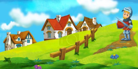 Foto de Escena de dibujos animados con granja rancho casa medieval con elementos rurales caballero príncipe ilustración para niños - Imagen libre de derechos