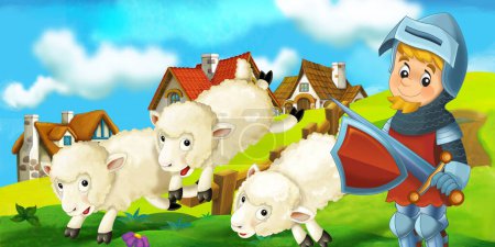 Photo for Cartoon scene with farm ranch medieval house with rural elements and sheep on the meadow knight prince illustration for kids - Royalty Free Image