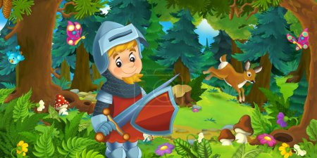 Photo for Cartoon summer scene with path in the forest - nobody on scene knight prince illustration for kids - Royalty Free Image