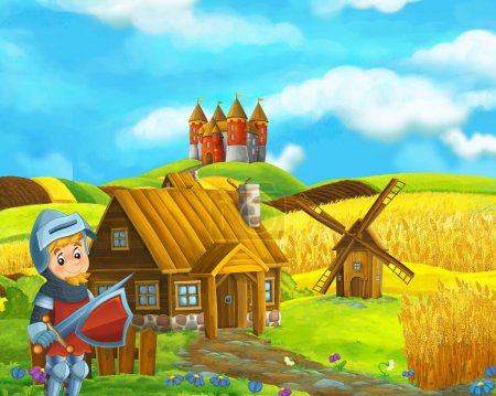Foto de Escena de dibujos animados con hermosa casa de ladrillo rural cerca del castillo del reino en el campo de la granja cerca del prado caballero príncipe ilustración para niños - Imagen libre de derechos
