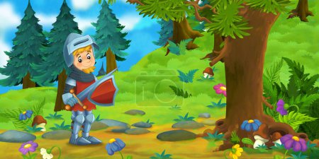 Téléchargez les photos : Dessin animé scène d'été avec chemin dans la forêt - personne sur scène chevalier prince illustration pour les enfants - en image libre de droit