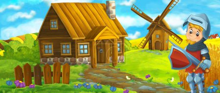 Photo for Cartoon farm scene of traditional village with windmill in the background - for game or book knight prince illustration for kids - Royalty Free Image