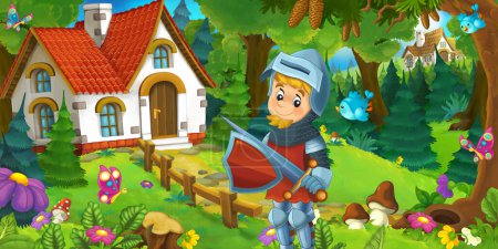 Téléchargez les photos : Scène de dessin animé avec belle maison rurale en bois dans la forêt sur la prairie chevalier prince illustration pour les enfants - en image libre de droit