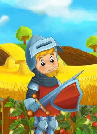 Photo for Cartoon scene with farm or ranch field knight prince illustration for kids - Royalty Free Image