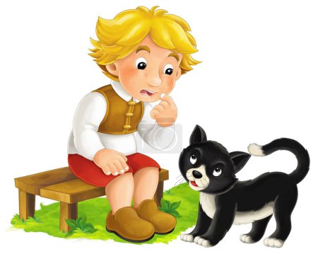 Téléchargez les photos : Cartoon ferme caractère agriculteur homme garçon enfant avec heureux chat noir illustration isolée pour les enfants - en image libre de droit