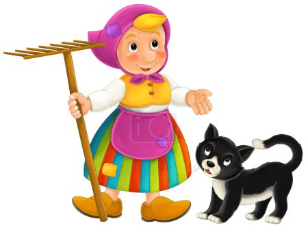 Photo for Cartoon farm character farmer woman girl woman with happy black cat isolated illustration for kids - Royalty Free Image